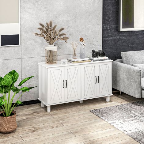 Niedriges Sideboard mit 4 Türen und verstellbaren Einlegeböden, Landhausstil, 120 cm lang, weiß