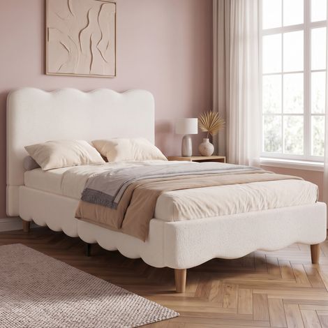 Cama infantil 90x200 con somier de láminas y cabecero bouclé blanco DESVIAE (1/5)
