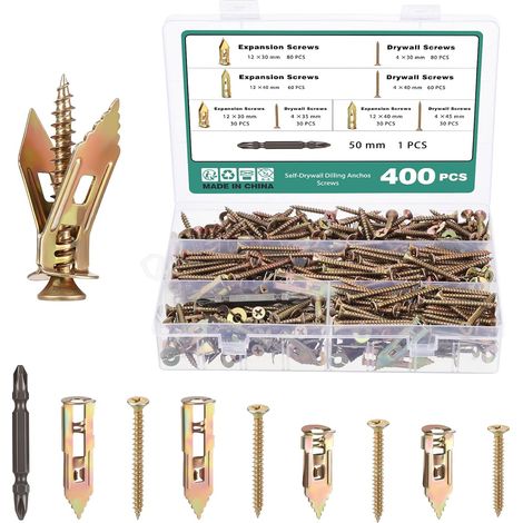 400PCS Kit de Chevilles et Vis Autoperceuses, Kit d'Ancrages et Vis Autoperceuses pour Cloisons Sèches, 4 Tailles Kit de Vis pour Plaques de Plâtre 2 Tailles Vis à Expansion Auto-Taraudeuses (1/5)