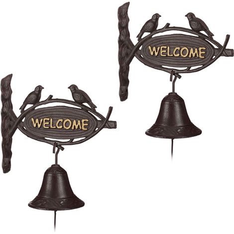 2x Campanella per Porta in Ghisa, WELCOME, Stile Antico, Lettere Dorate Targa e Uccellini Casa e Giardino, Marrone Scuro