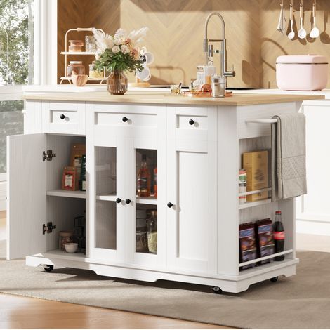Isla de cocina 151.5x60x91.7 cm blanco y natural en MDF, metal y vidrio templado con alas abatibles