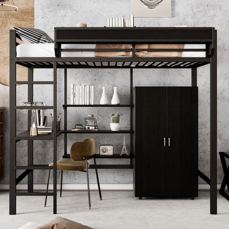 Optimise la chambre, lit mezzanine noir 90x200 avec bureau, armoire et échelle 5 marches (1/5)