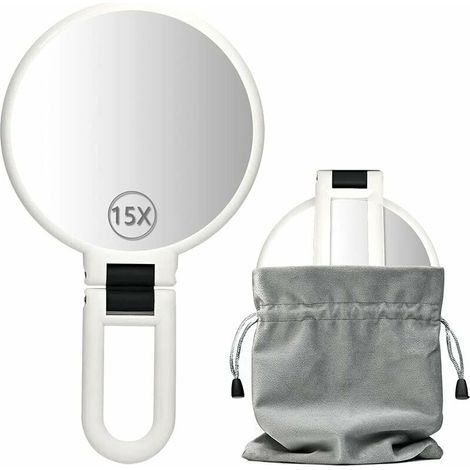 Miroir de maquillage de voyage avec support, miroir de maquillage suspendu, miroir à main avec poignée double face, miroir de voyage pliable grossissant 15x (blanc) (1/5)