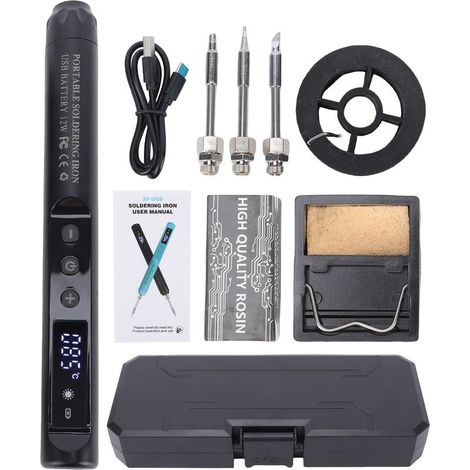 Kit de fer à souder sans fil avec écran LCD, rechargeable par USB-C, température réglable de 200 à 450 °C, mise en veille automatique, pour la réparation électronique JJXL003-Noir : Fer à souder numér (1/5)