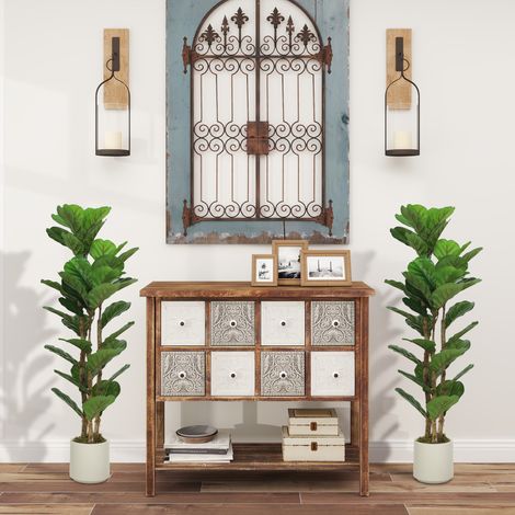 Lot de 2 figuiers lyre artificiels 120 cm, plantes vertes en pot plastique avec tronc bois robuste, décoration intérieure réaliste (1/5)
