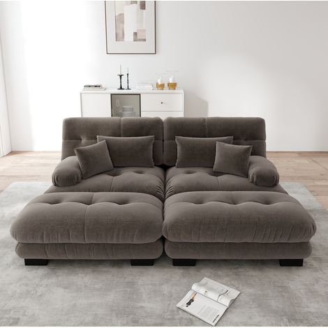 Canapé modulable d'angle marron en chenille avec 2 ottomans et coussins assortis (1/5)