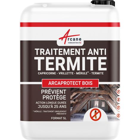 Arcane Industries – Traitement préventif contre termites pour charpentes et poutres – 5 L – Formule sans propiconazole – Incolore et compatible avec toutes finitions