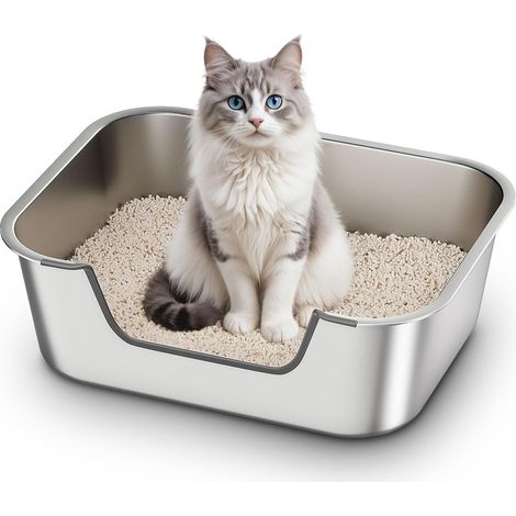 Stainless Steel Cat Litter Tray with Low Edges, Metal Litter Tray, Cat Toilet for Elderly or Injured Cats, XXL Cat Litter Box, Non-Stick, Anti-Odour, Easy to Clean, 45 x 35 x 15 cm (1/5)