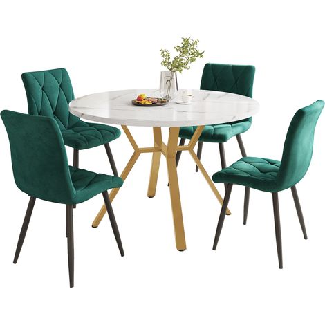 Ensemble table et chaises de salle à manger 5 pièces, ensemble rond moderne et épuré effet marbre, pieds de table en métal doré + 4 chaises en velours ergonomiques, chaise de salle à manger verte (1/5)