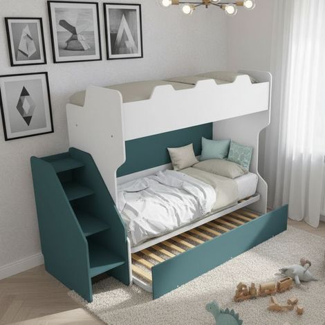 Letto a castello salvaspazio con terzo letto estraibile e scala laterale - Ideale per camerette - Bianco e Petrolio