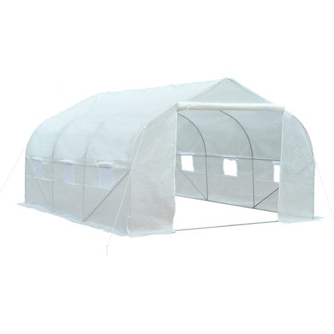 Outsunny Serre Tunnel de Jardin 13,35 m² dim. 4,5L x 3l x 2H m Porte + 6 fenêtres enroulables Acier galvanisé bâche PE Haute densité Blanc (1/5)