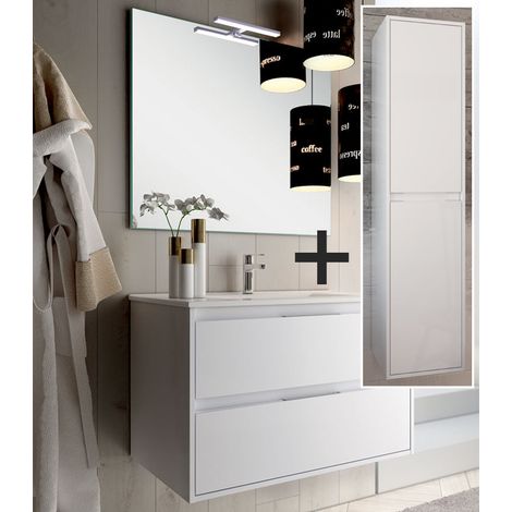Ensemble meuble de salle de bain 80cm simple vasque + colonne de rangement - blanc - IRIS (1/5)