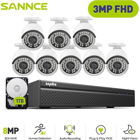 SANNCE PoE Kit Cámaras de Vigilancia Cable,8CH NVR con 3MP × 8 Cámara Visión Nocturna Audio Alertas Sistema de Videovigilancia,1TB HDD (1/5)