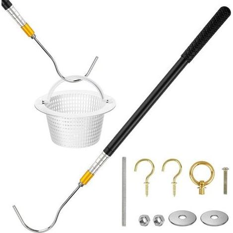 Crochet extensible pour panier d'écumoire de piscine, longueur réglable de 160 cm, filtre de piscine en acier inoxydable avec poignée antidérapante, crochet de levage pour le nettoyage de la (1/5)
