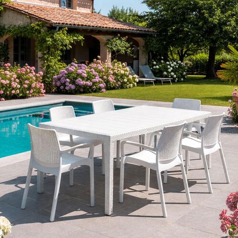 Set Salon d'extérieur Manarola, Table d'extérieur Extensible avec 4 chaises, Table et sièges de Jardin Effet rotin, Blanc (1/5)