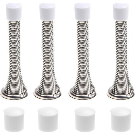 4x Butées de porte à ressort (Argent) - Bouchons à visser en acier flexible avec embouts de pare-chocs en caoutchouc blanc - Protégez les murs des chocs, des marques et des dommages (1/5)