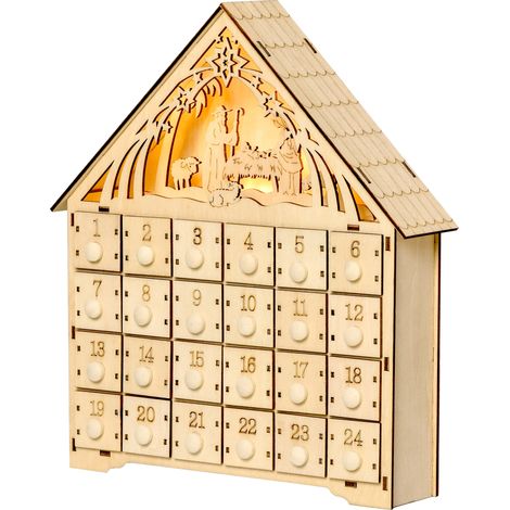Calendrier de l'Avent en bois avec 24 tiroirs, décoration de Noël avec crèche sculptée et lumières, 26.6x6x30cm (1/5)