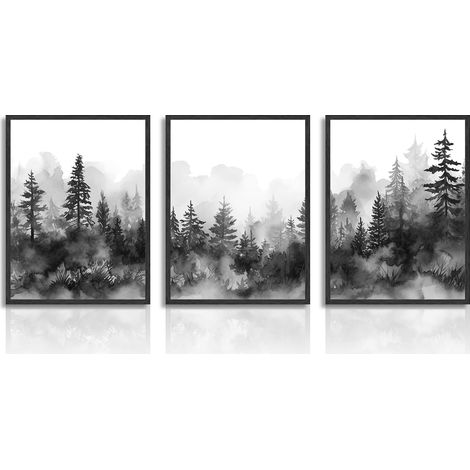 CCYKXAAffiche Décorative Murale Montagne Forêt Brumeuse Affiche Murale Paysage Forêt Noire Blanche Chambre à Salon 12x16 in Sans Cadre Lot de 3 (1/5)