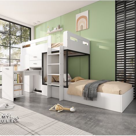 Letto a castello per bambini OKWISH con scrivania estraibile e armadio, 90 x 200 cm, bianco (1/5)