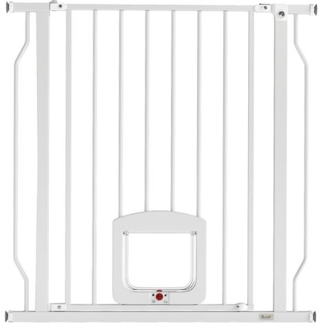 Cancelletto di sicurezza per scale con gattaiola, non richiede foratura, 75-85 cm, in acciaio, adatto ai cani, installabile su scale e porte, colore bianco, spedizione in loco. (1/5)