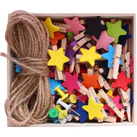 Pinces Photo Couleur Aléatoire Lot de 57 en Bois D'étoile Corde en Pin de 10m, Fixation Murale Multifonction pour Décoration et Embellissement Maison (1/5)