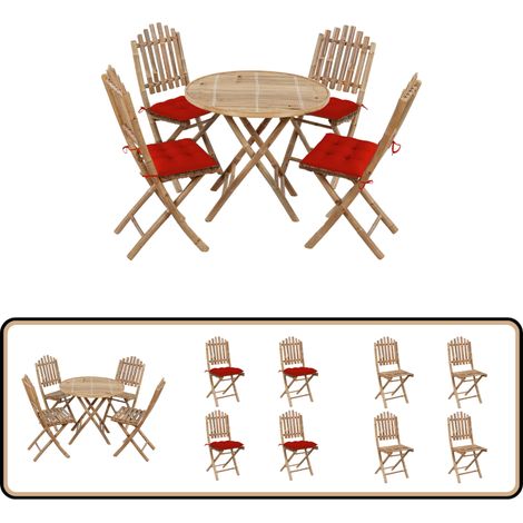 5-tlg. Garten-Essgruppe mit Kissen Klappbar Bambus - Bambus Möbel - Gartentisch - Gartenstühle - Essgruppe - Outdoor Möbel