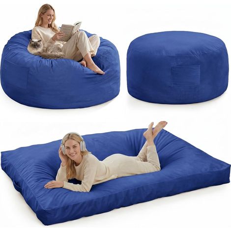 Pouf Géant Convertible Bleu en Velours, Mousse à Mémoire de Forme (1/5)