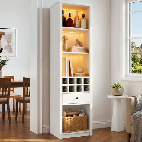 Vitrine haute avec LED USB, buffet de cuisine avec 1 tiroir, 12 compartiments, 55x40x200 cm, MDF blanc mat (1/5)