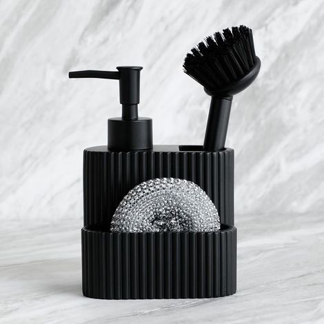 BelleRise - Flacon de recharge pour distributeur de savon de cuisine — Flacon à pompe avec compartiment de rangement (Noir) (1/3)