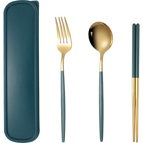 Couverts De Voyage En Acier Inoxydable - Cuillère Fourchette Baguettes - Pour Camping Et Extérieur - Lot De 3 Pièces Avec Boîte De Transport (1/5)