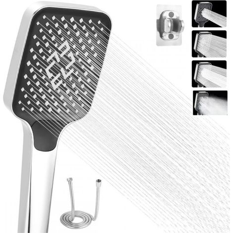 4Modes Pommeau de Douche, Pommeau de Douche Haute Pression, Douchette Douche Salle de Bain, Pommeau de Douche Economie Deau, Pommeau Douche, Grand Douchette Douche avec Tuyau et Socle (Argent) (1/5)