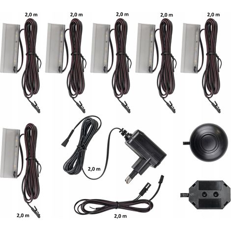 Éclairage LED à 6 points avec clips - blanc froid et alimentation intégrée pour vitrines et étagères (1/5)