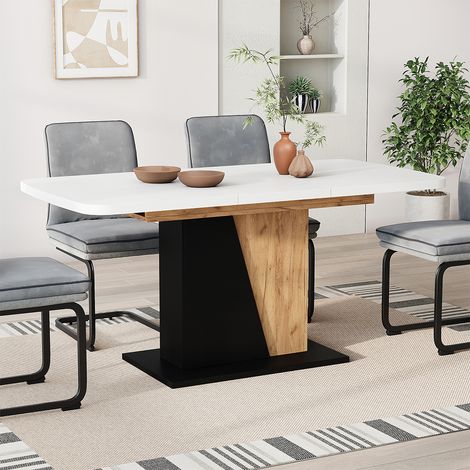 Mesa de comedor Fenaro, Roble blanco/negro/dorado, 120 x 80 cm Extensible, Vicco