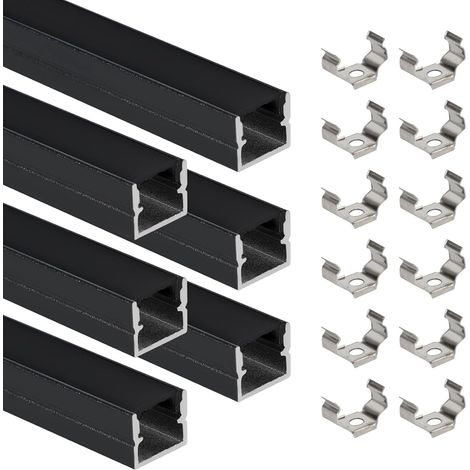Profilé LED en aluminium - 6 × 1 m - En forme de U - 12 x 10 mm - Pour panneaux acoustiques - Avec clips de montage - Noir - Diffuseur - Étanche - Pour lumière néon homogène (noir, 6 × 1 m) (1/5)