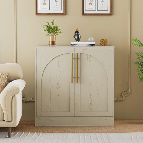 UEV Buffet Bas à 2 Portes, Meuble de Rangement avec Manche en Métal Doré, Étagère Réglable et Amovibles, Porte à Motif en Arc, Support 50kg, pour Cuisine, Salon, Chambre, Bureau, 80 x 40 x 78cm, Beige