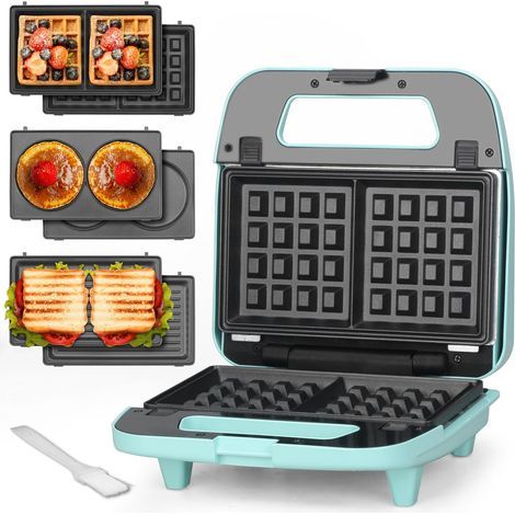 Gaufrier 3 en 1 avec plaques amovibles, Gaufrier carré avec plaques amovibles, Presse à crêpes et sandwiches, Fabricant de fromage grillé, Antiadhésif, Acier inoxydable, Aqua