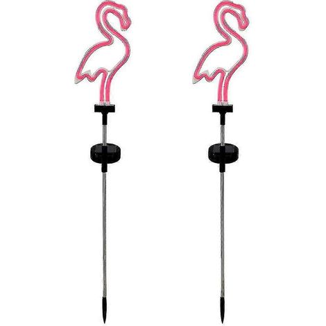 Lot de 2 lampes solaires de jardin flamant rose néon pour allées et pelouses. (1/5)