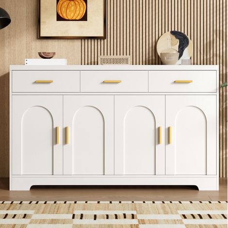 Credenza bianca 4 ante ad arco, 3 cassetti, ripiani regolabili, MDF, 140 x 40 x 83 cm (1/5)