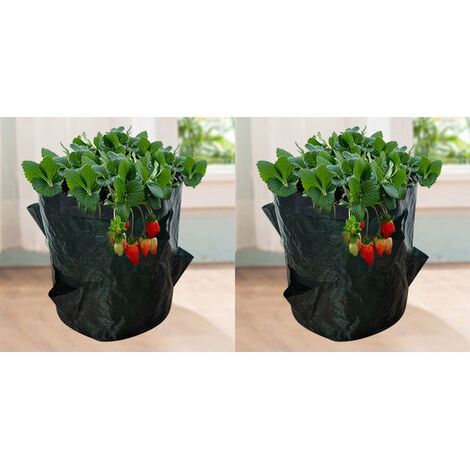 Bolsas de Cultivo para Fresas 18L - Lote de 2 Macetas Geotextil con Ventana - 23x28cm 4 Aberturas - Sacos de Jardín para Huerto, Verduras, Tomates y Plantas