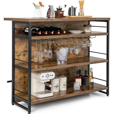 COSTWAY Mesa Barra Cocina Alta, Armario de Barra de Licor de 4 Niveles con 3 Estantes Abiertos, Soportes para Vino y Copas, Isla de Cocina con Reposapiés y Almohadillas Ajustables para los Pies (1/5)