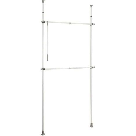 Portant vêtement téléscopique Dressing sur Mesure Herkules Basic, Garde Robe 2 tringles 1 crochet Solution sans perçage, réglable Longueur Hauteur, Acier, 75-120x165-300x11cm,Blanc