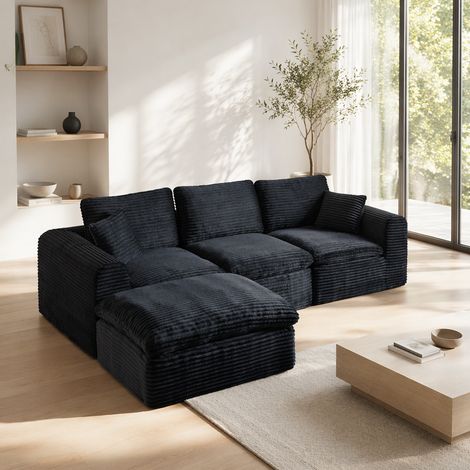 Canapé d'angle modulable 3 places 280cm en L, canapé nuage convertible 3-en-1 avec pouf, canapé droit ou couchage d’appoint, velours côtelé, noir (1/5)