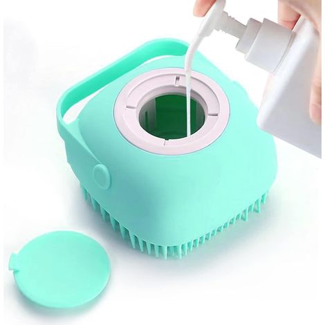 Spazzola per massaggio e bagno per animali domestici con dispenser di sapone e shampoo, setole morbide in silicone per cani a pelo lungo e corto, doccia per gatti (blu)