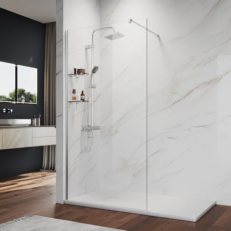 ELEGANT 8mm Walk In Shower Door Shower Enclosure 760mm Shower Screen with 2 Pieces of 8mm Triangular Glass Shelves (1/5)