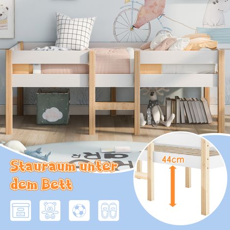 Lit enfant 90x190 cm en pin massif blanc et chêne, avec tiroir de rangement et barrière de sécurité anti-chute, lit à coucher robuste et élégant (1/5)
