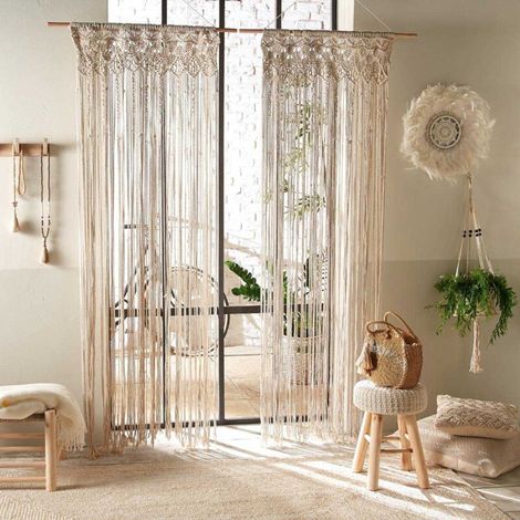 – Rideau macramé écru et beige H 200 cm – Barre en bois massif inclus – Tissage à la main pour décoration (1/5)
