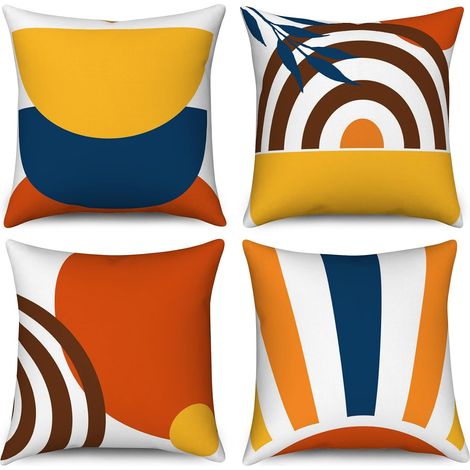 Housse de coussin Boho 40x40 Set de 4, Mid Century Feuille abstraite Arc-en-ciel Taie d'oreiller décorative Orange brûlée Moderne Géométrique Minimaliste Taie d'oreiller en lin pour Home Decor (1/5)