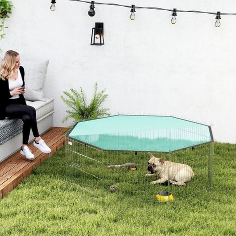 Parc pour chien, enclos chien 8 panneaux avec toit, modulable et pliable, enclos portable 60H cm avec porte argent vert