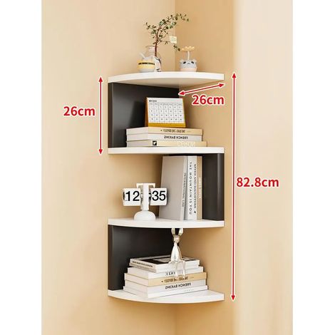 Étagère de rangement murale d'angle à 4 niveaux, rayon 26 cm, noire et blanche [colle, clous sans trace et vis d'expansion inclus] (style minimaliste moderne). Dimensions : [dimensions manquantes]. (1/5)