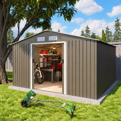 Abri de jardin métal gris/vert 12,78 m² + kit d'ancrage + lampe magnétique (1/5)